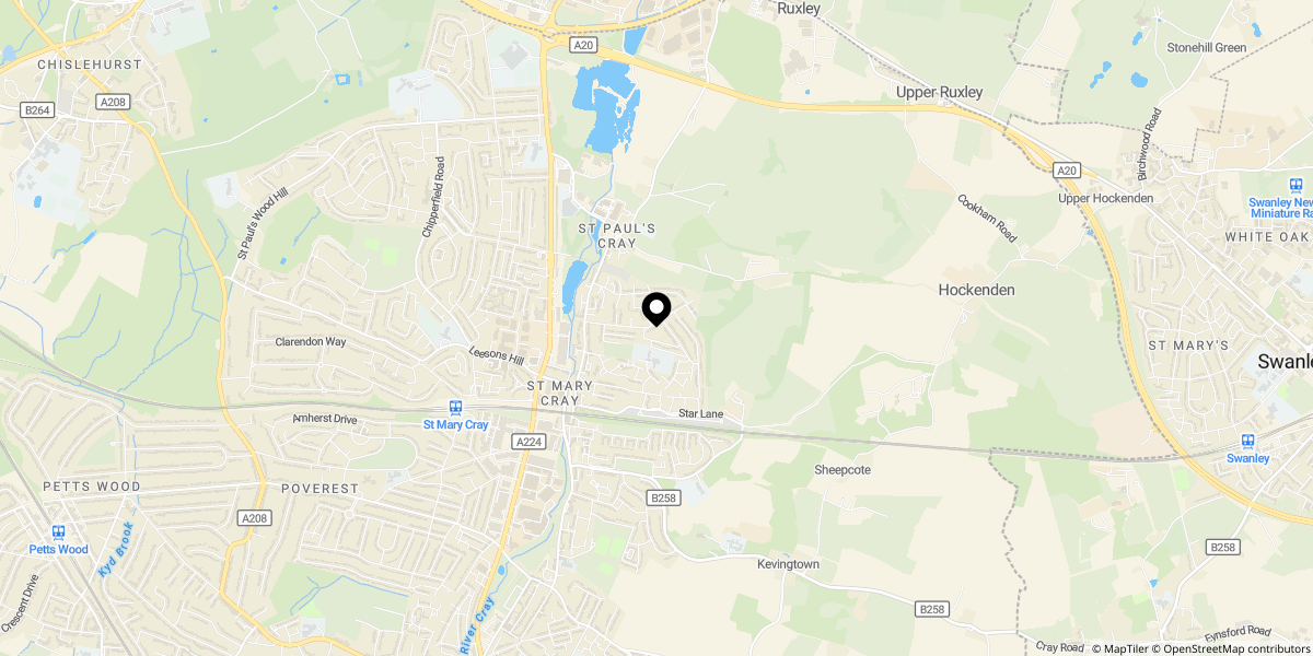 Approximate location of Whitefield Close, Orpington, BR5 3LD